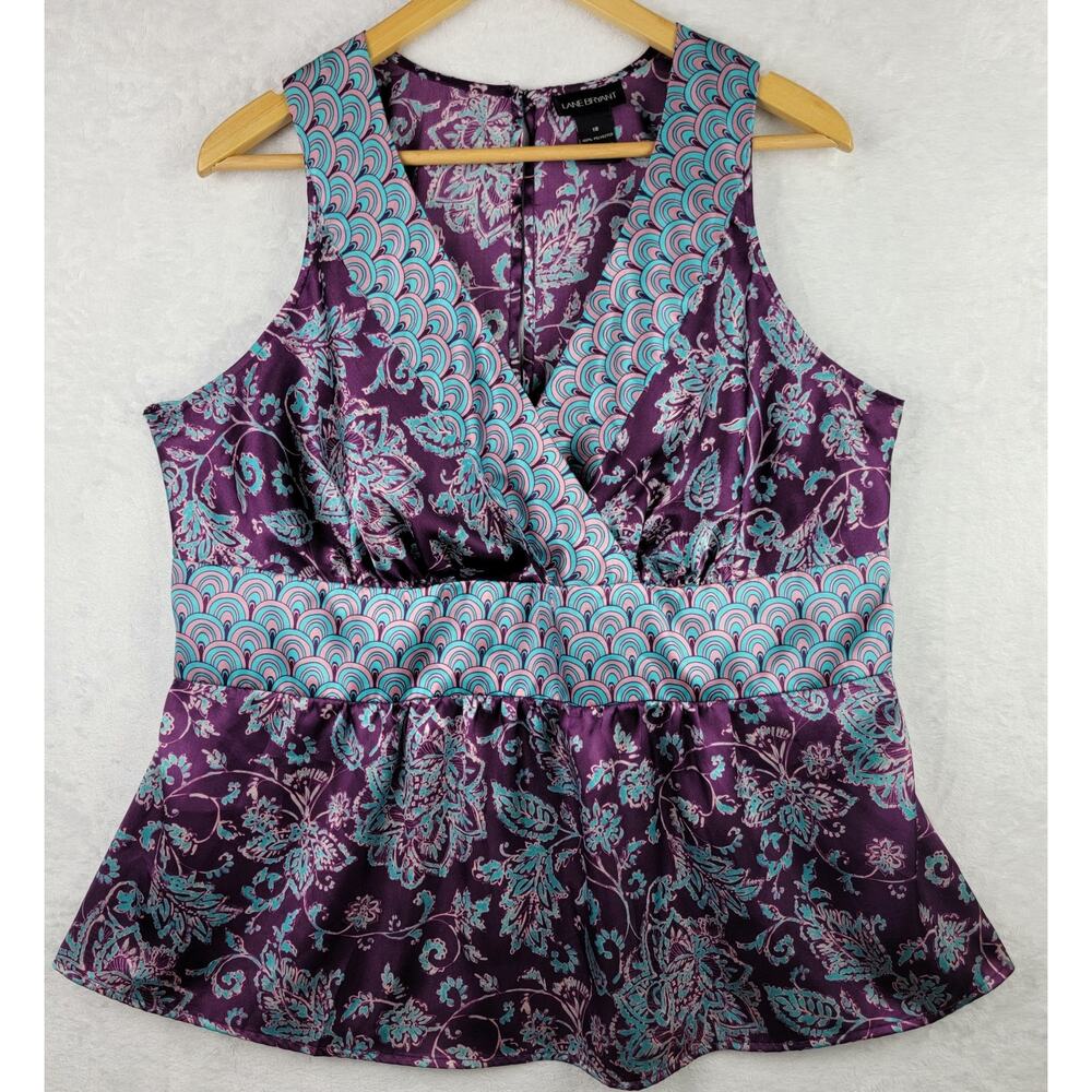 Bohemian Tank Top Sz 16 Purple Blue Satin Floral Geo Print Zip Blouse Whimsical